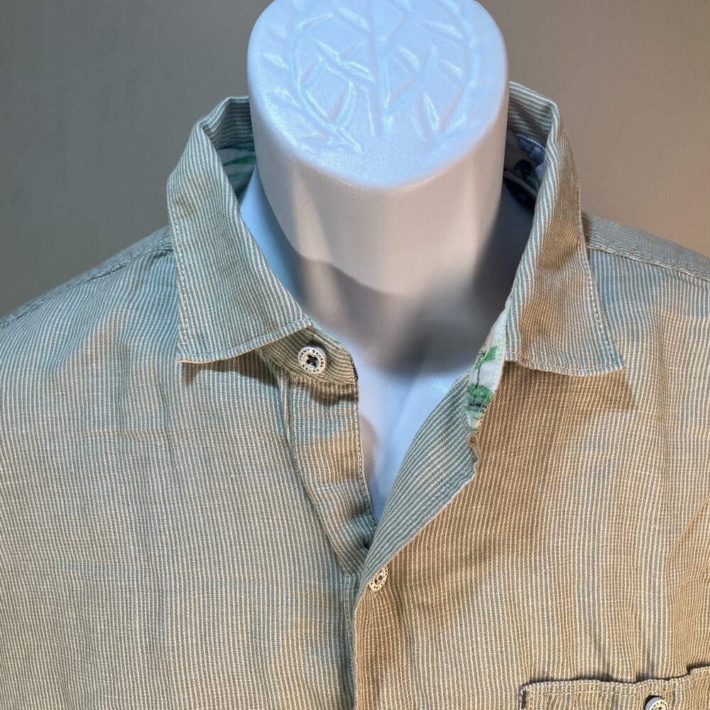 🌴 Tommy Bahama Men's Green White Linen Blend Shirt Contrast Collar Medium M 🌴